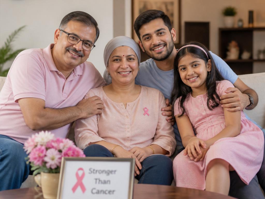 A happy Indian family together after successful cancer treatment supported by Karm National